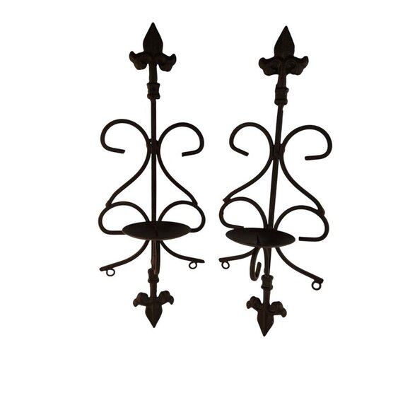 Wrought Iron Fleur-De-Lis Wall Sconces Set Of 2 Candle Holders Decorative Accent - Picture 6 of 8